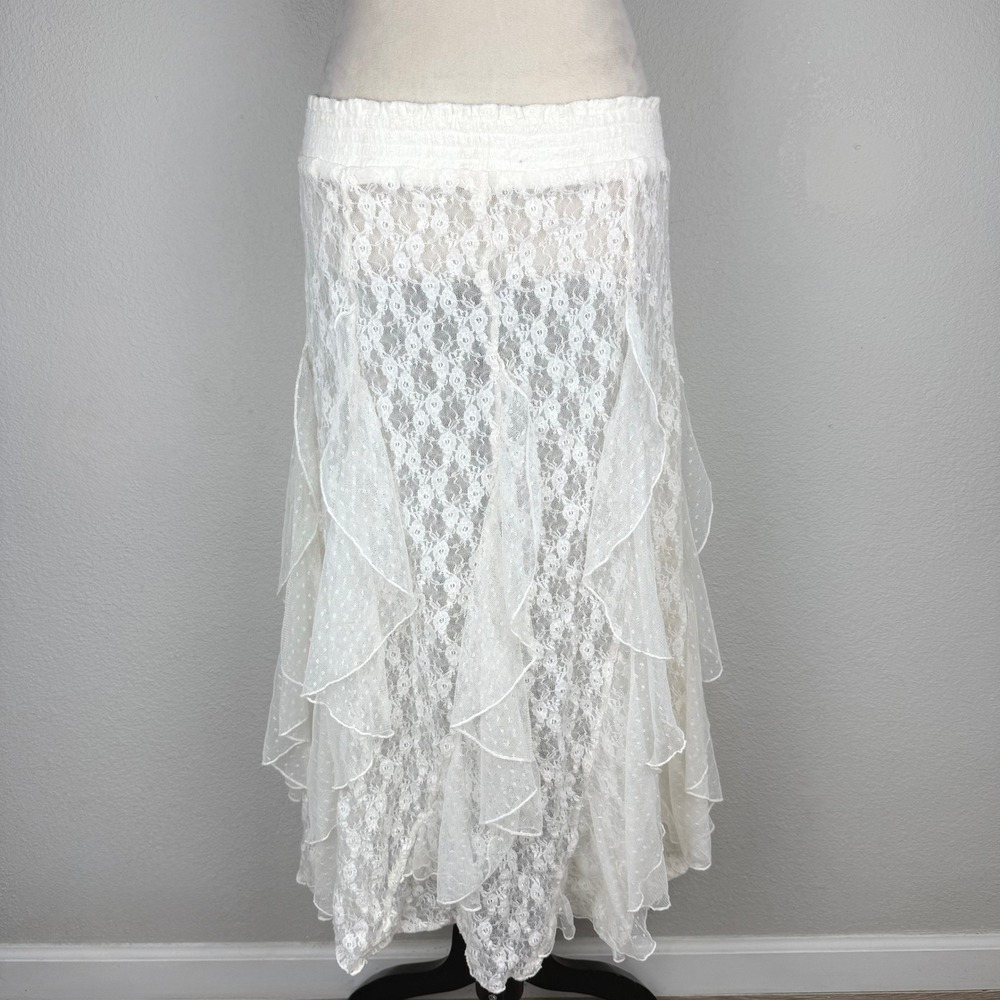 Boho Floral Lace Tiered Mesh Ruffle Maxi Midi Skirt Ivory Off White Smock Waist